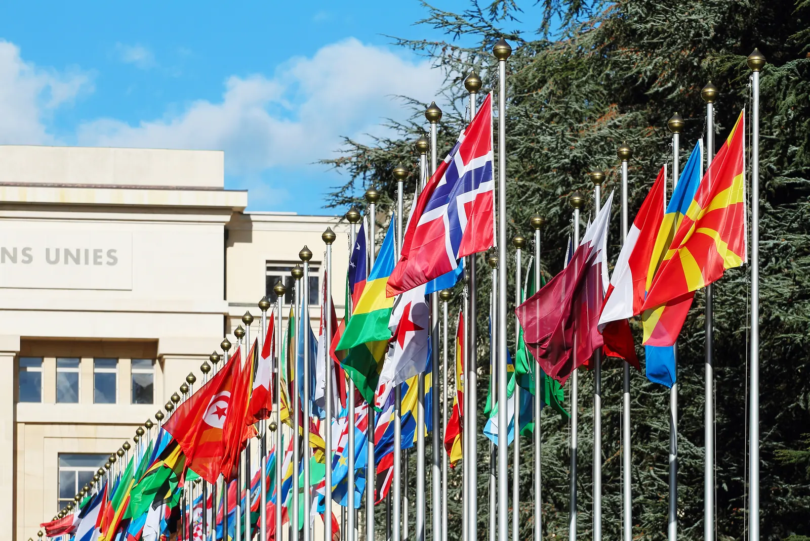 L'allée des drapeaux devant le Palais des Nations, à Genève.